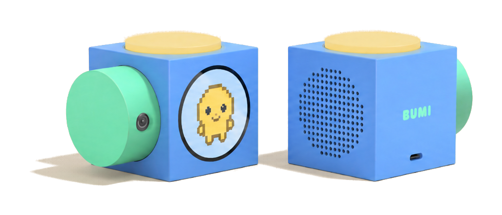 The Bumi device — a small handheld with a screen and speaker